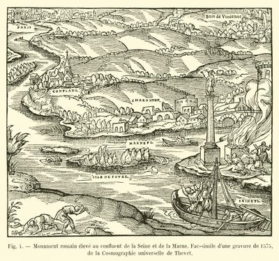 Romersk monument reist ved sammenløpet av Seinen og Marne, faksimile av en gravering fra 1575, fra Cosmographie universelle av Thevet av French School