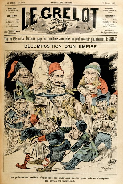 Døende Tyrkia og utenlandske makter som kjemper for støvlene hans, dekker "" Le Grelot"" 21/2/1897. av French School