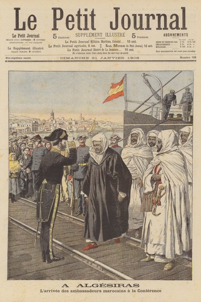 Marokkanske ambassadører ankommer Algeciras-konferansen i Spania (farge litho) av French School