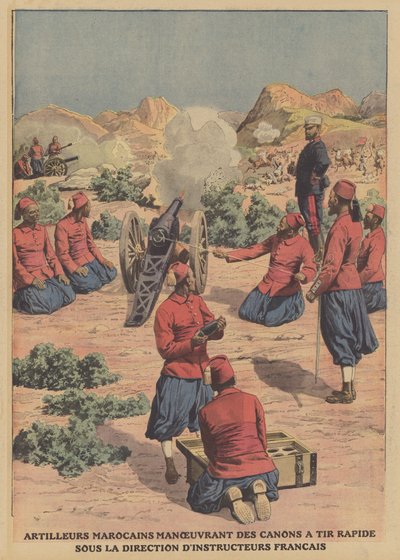 Marokkanske artillerister avfyrer hurtigskytende kanoner under veiledning av franske militærinstruktører (farge litho) av French School