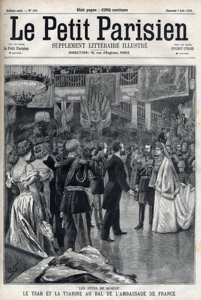 Moscow celebrations: Tsar Nicholas II of Russia (1868 -1918) and Tsarina Alexandra Fiodorovna Romanova (1872-1918) at the Ball of the French Embassy, in " Le petit Parisien”” av French School