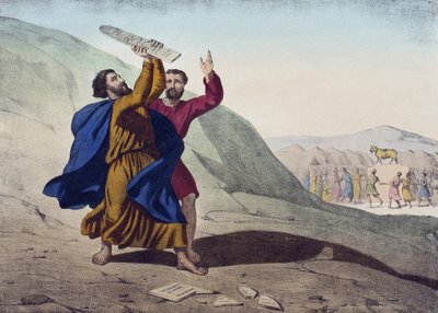 Moses bryter lovens tavler og tilbedelsen av gullkalven, illustrasjon fra en katekisme LHistoire Sainte, utgitt av Charles Delagrave, Paris, sent på 1800-tallet av French School