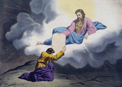 Moses mottar lovens tavler, illustrasjon fra en katekisme LHistoire Sainte, utgitt av Charles Delagrave, Paris, sent på 1800-tallet av French School