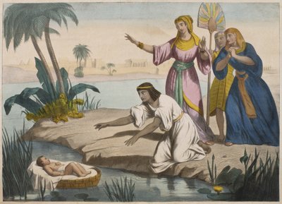 Moses reddet fra Nilen, illustrasjon fra en katekisme LHistoire Sainte, utgitt av Charles Delagrave, Paris av French School