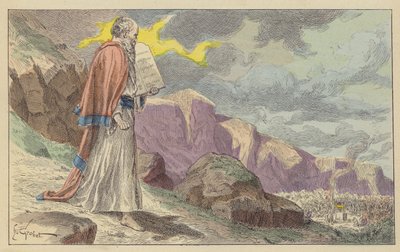 Moses kommer tilbake fra Sinai-fjellet med De ti bud (farge litho) av French School