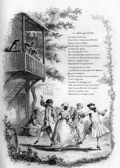 Mor Bontems (Bontemps). Dans av unge par i en landsby med musikere på balkongen. Gravering i "" Chants et chansons populaire de la France", Tome 2 av French School