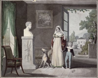 Mor og sønn gråter før bysten av en død soldat, tidlig på 1800-tallet av French School