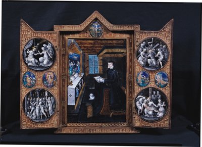 Sørgeskap med scener fra Kristi liv og attributter til Henri II (1519-59) og Catherine de Medici (1519-89) (emalje og tre) av French School