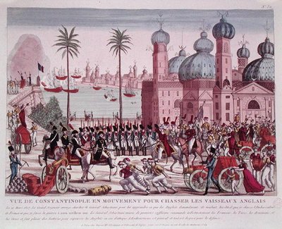 Bevegelse av tropper for å tvinge de engelske fartøyene fra Konstantinopel, 21. mars 1807 (farget gravering) av French School