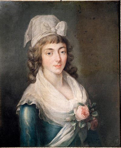 Fru Roland: Portrett av Madame Roland (1754 - 1793), figur av den franske revolusjonen, iført Girondin-hetten. maleri av den franske skolen av French School