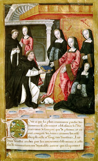 Ms.17 fol.1 Forfatteren tilbyr sin bok til Anne av Bretagne (1477-1514) fra Vie des Femmes Celebres, ca. 1505 av French School