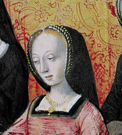 Ms.17 fol.1 Forfatteren tilbyr sin bok til Anne av Bretagne (1477-1514) fra Vie des Femmes Celebres, ca. 1505 (detalj av 153785) av French School