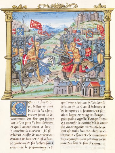 Ms.18 f.7v Slaget ved Montlhery under krigen i League of the Good Public, 14. juli 1465, fra memoarene til Philippe av Commines (1445-1509) av French School