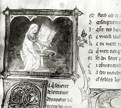 Ms.3142 fol.256 Marie de France (fl. 1100-tallet) skrift, fra en antologi med franske dikt, ca. 1280-90 (detalj) av French School