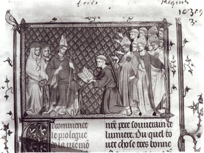 Frk. Fr. 5716 f.2 Jean dAntioch før Martin IV, fra Life and Miracles of St. Louis, ca. 1330-40 av French School