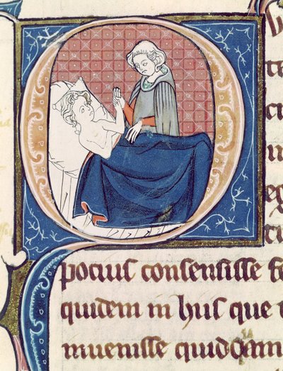 Ms 1003 f.185v Undersøker en pasient, fra Oeuvres de Galien av Claudius Galenus (ca. 130-c.201) av French School