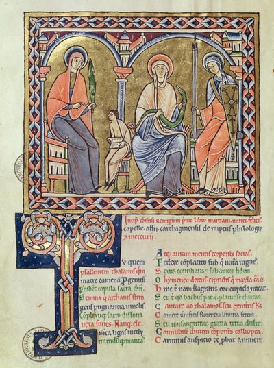 Ms 1041 f.1v Grammatikk, dialekt og retorikk fra Satyricon av Martianus Capella, ca. 1200 av French School
