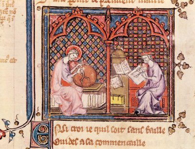 Ms 1044 Fol.16v Ordet, verdens skaper og forfatteren som skriver sin bok, fra Ovide Moralise skrevet av Chretien Legouais av French School