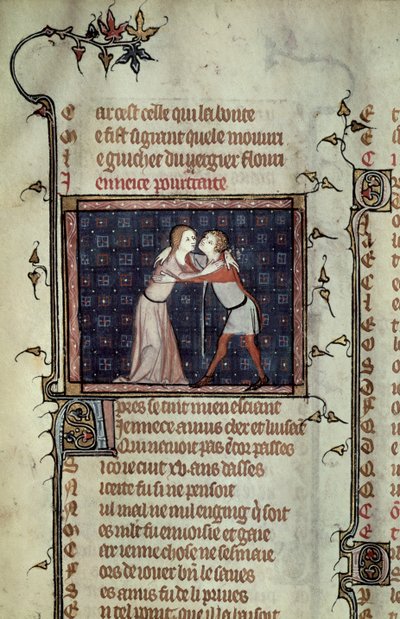 Ms 1126 fol.8r Youth and Love Embracing, fra Le Roman de la Rose av Guillaume de Loris og Jean de Meung av French School