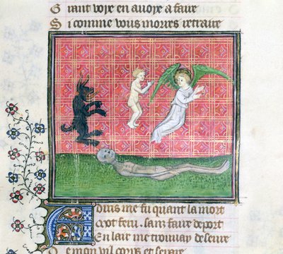 Ms 1130 Soul forlater kroppen akkompagnert av en engel, miniatyr fra Le Livre des Proprietes des Choses av Barthelemy lAnglais av French School