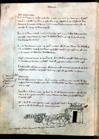 Ms 1175 f.8v Bonde med sin hest og kjerre, fra Vieil Rentier dAudenarde, 1291-1302 av French School