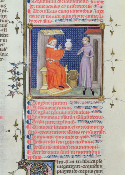 Ms 126 fol.200v En lege som utfører en urinanalyse, fra et manuskript av Rhazes (Ibn Zakariya) (860-c.923) av French School