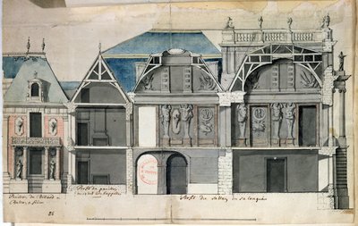 Ms 130736 Tverrsnitt av en fløy av Chateau de Versailles konstruert av Louis Le Vau ((1612-70) (wc på papir) av French School