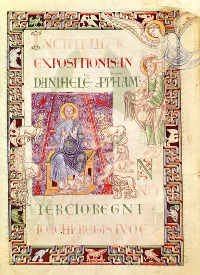 Ms 132 f.2v Daniel i løvehulen matet av Habakkuk, fra Explanatio i Prophetas et Ecclesiasten av St. Jerome av French School