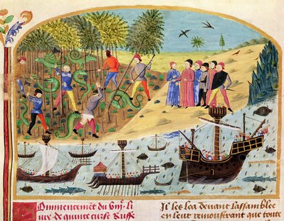 Ms 1335 f.180 Flotillen til Alexander den store, fra Vie dAlexandre le Grand av French School
