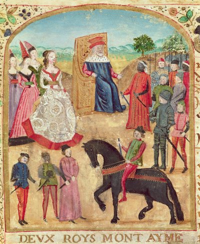 Ms 1335 f.1 Margaret av York blir introdusert for sin fremtidige ektemann, Karl den dristige 27. juni 1468 i Damme av French School
