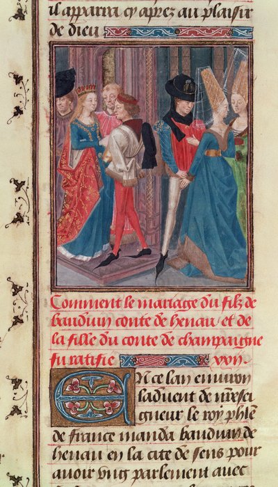 Ms 149 t.3 fol.105 Ekteskap av Baldwin VI og Marie, datter av greven av Champagne, fra Histoire des Nobles Princes de Hainaut, av Jacques de Guise av French School