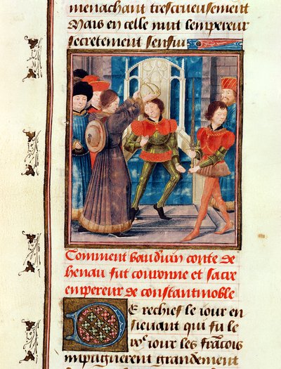 Ms 149 t.3 fol.183v Hvordan Baldwin I (1171-1205) sjette greve av Hainaut, ble kronet som keiser av Konstantinopel i 1204, fra Histoire des Nobles Princes de Hainaut, av Jacques de Guise av French School