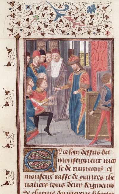 Ms 149 t.3 fol.95v Utnevnelse av to riddere, fra Histoire des Nobles Princes de Hainaut, av Jacques de Guise av French School