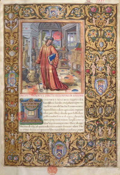 Fru 1581 f. 001 Flavius Josephus i sin studie, illustrasjon til Prolog of the Antiquities of the Jews (Antiquitates Judaicae) av Flavius Josephus, ca. 1503 av French School