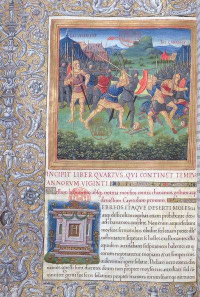 Fru 1581 f. 071 Illustrasjon fra bok IV (From the Rejection of that Generation to the Death of Moses), kapittel 1 av jødenes antikviteter (Antiquitates Judaicae) av Flavius Josephus - Fight of av French School