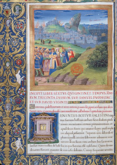 Fru 1581 f. 108v Illustrasjon fra bok VI (Fra Elis død til Sauls død), kapittel 1 av jødenes antikviteter (Antiquitates Judaicae) av Flavius Josephus - Ødeleggelsen som kom av French School