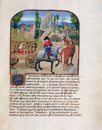 Ms 165 fol.46r Dame i en tildekket vogn trukket av to hester, fra l