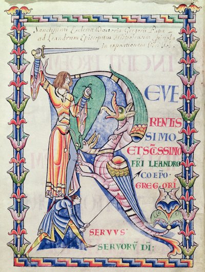 Ms 168 f.4v Historikert initial R som viser en ridder som kjemper mot en drage, fra Moralia in Job av pave Gregor den store av French School
