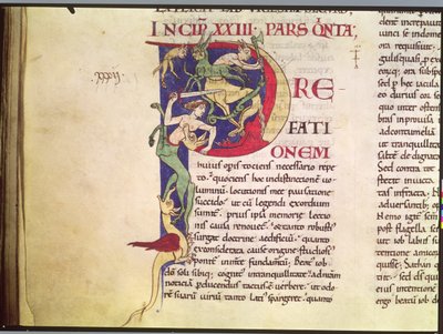 Ms 173 Historikert initial P som viser kentaurer, drager og monstre, fra Moralia in Job av pave Gregor den store av French School