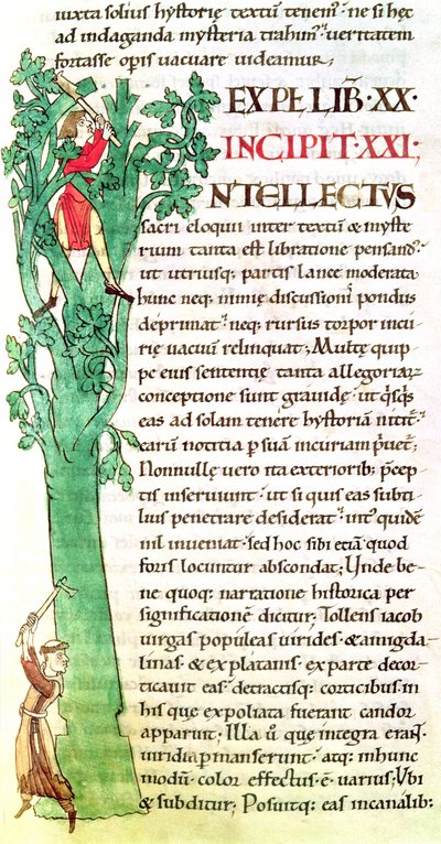 Ms 173 f.41 Historikert initial I som viser en munk og en lekmann som hogger og beskjærer et tre, fra Moralia in Job av pave Gregor den store av French School