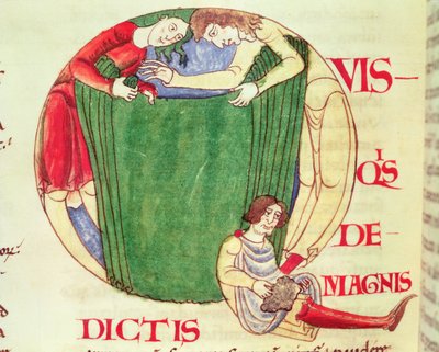 Ms 173 fol.92v Historikert initial Q som viser drapere, fra Moralia in Job av pave Gregor den store, burgundisk skole av French School