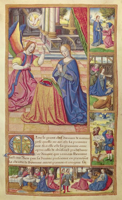 Ms 17 fol.2 Bebudelsen og Kristi barndom, fra Vie des Femmes Celebres, ca. 1505 av French School
