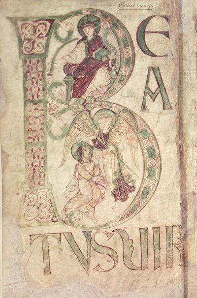 Ms 18 f.1v Historikert initial B som viser St. Johannes evangelisten og en engel, fra Psalter of Corbie av French School