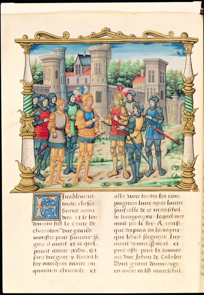 Ms 18 f.32v Conflans-traktaten mellom Ludvig XI og Karl den dristige, hertugen av Burgund, oktober 1465, fra memoarene til Philippe av Commines (1445-1509) av French School