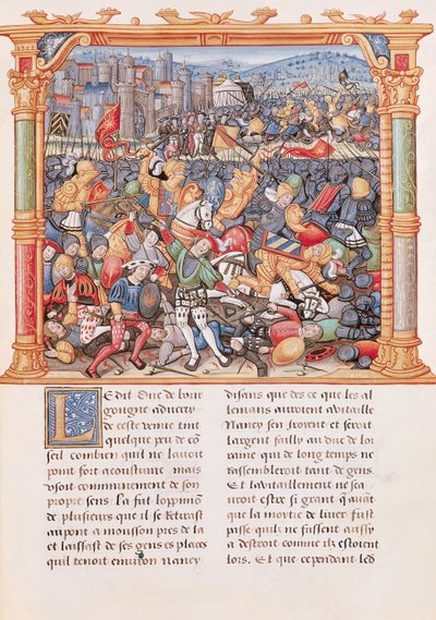 Ms 18 fol.150r Slaget ved Nancy i 1477, fra Memoires de Philippe de Commines av French School