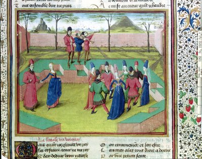 Ms 19153 f.7 A Carole in the Orchard, illustrasjon fra Le Roman de la Rose av Jean de Meung, ca. 1460 av French School