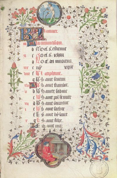 Fru 19. januar: Vannmannen og en mann som varmer seg ved en ildsted, fra en timebok, tidlig på 1400-tallet av French School