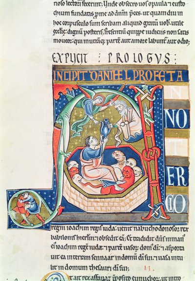 Ms 1 fol.185v Historikert initial A som viser Daniel i løvehulen, fra Souvigny-bibelen av French School