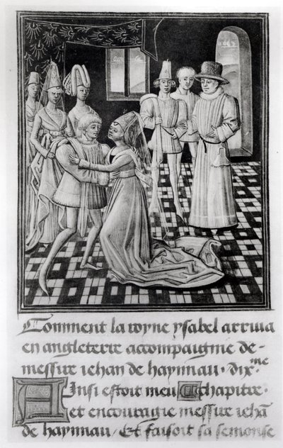 Frk. 1 fol. 6 v Isabella av Frankrike, dronning av England, tar avskjed med William I, greve av Hainaut, fra Froissarts Chronicle av French School