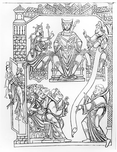 Ms 210 fol 19v. Cartulary of Mont Saint-Michel: Hertug Richard II av Normandie gir en gave av landområder og privilegier til klosteret Mont St. Michel, (gravering etter en tegning fra 1150-tallet) av French School